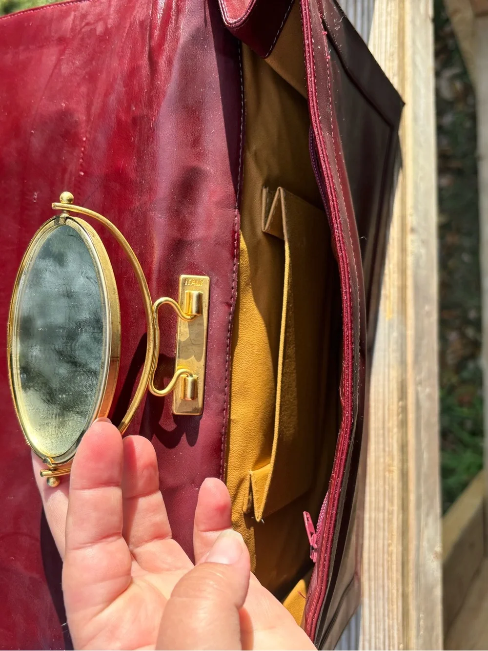 vintage Lou Taylor Italian leather swivel mirror clutch
